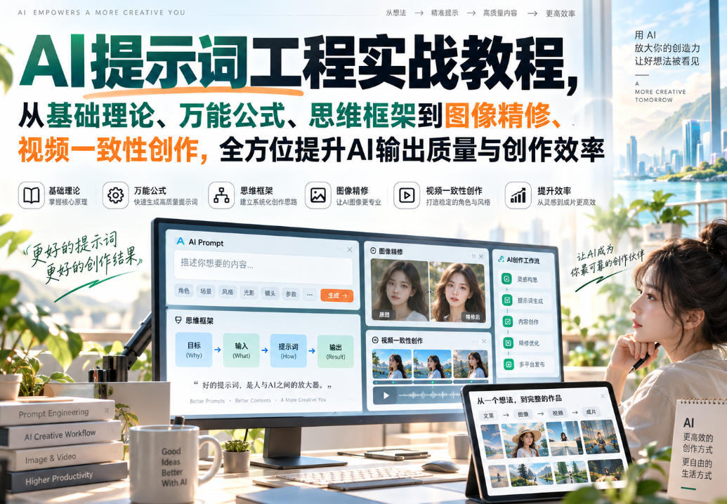 AI提示词工程实战教程，从基础理论、万能公式、思维框架到图像精修、视频一致性创作，全方位提升AI输出质量与创作效率-52项目站