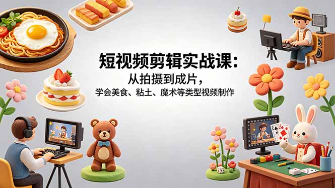 短视频剪辑实战课：从拍摄到成片，学会美食、粘土、魔术等类型视频制作-52项目站