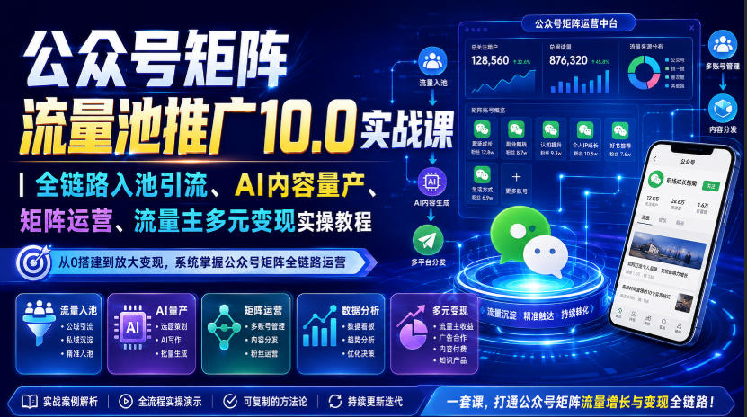 公众号矩阵流量池推广10.0实战课｜全链路入池引流、AI内容量产、矩阵运营、流量主多元变现实操教程-52项目站