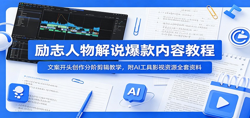 励志人物解说爆款内容教程：文案开头创作分阶剪辑教学，附AI 工具影视资源全套资料-52项目站
