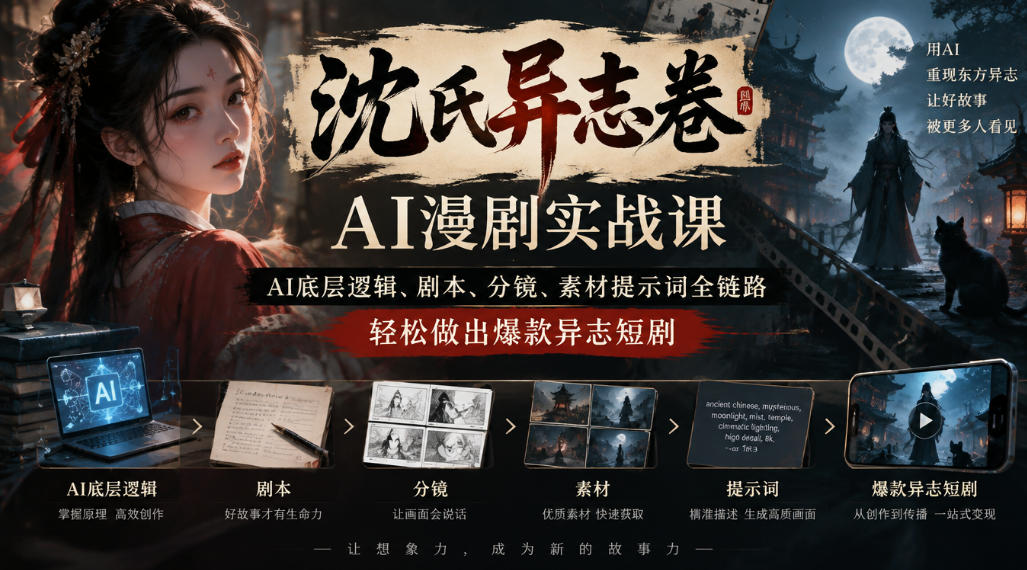 沈氏异志卷AI漫剧实战课｜AI底层逻辑、剧本、分镜、素材提示词全链路，轻松做出爆款异志短剧-52项目站