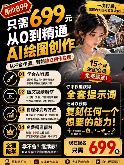 抖音10W粉丝博主的AI绘图教学，从0到精通AI绘图创作，从不会作图到能独立创作变现-52项目站