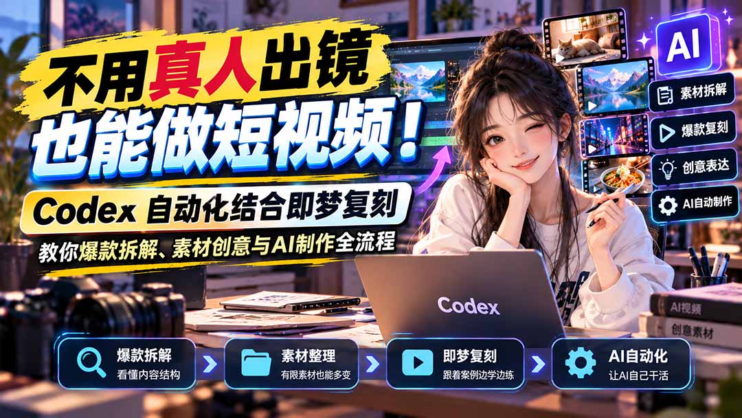 不用真人出镜也能做短视频!Codex自动化结合即梦复刻,教你爆款拆解、素材创意与AI制作全流程-52项目站