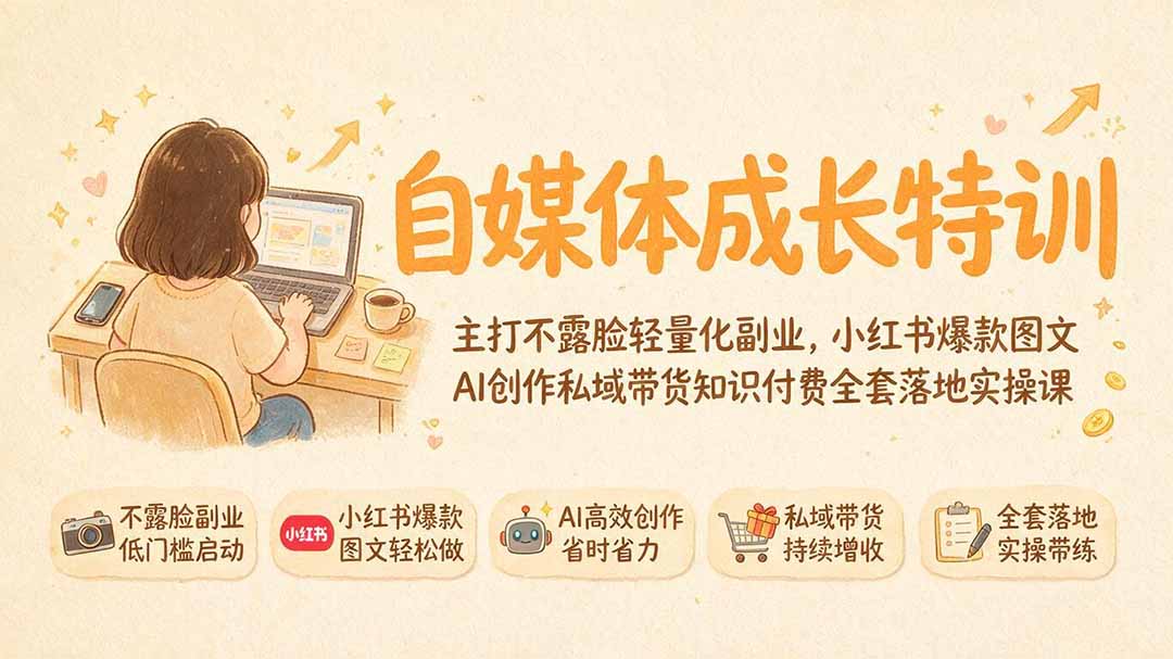 自媒体成长特训｜主打不露脸轻量化副业，小红书爆款图文AI创作私域带货知识付费全套落地实操课-52项目站