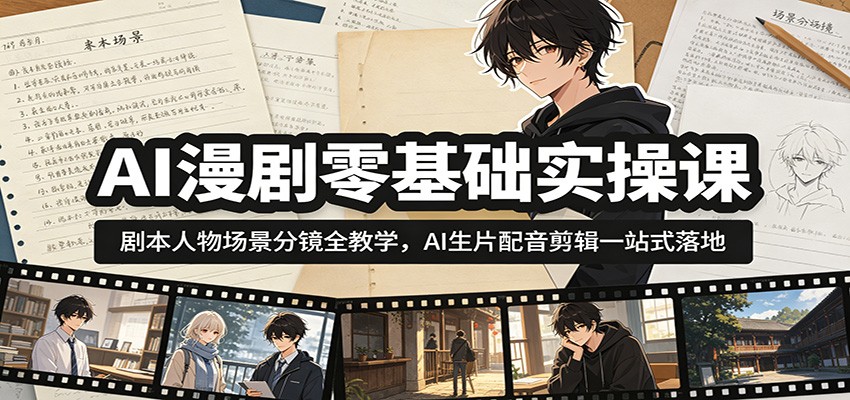 AI漫剧零基础实操课：剧本人物场景分镜全教学，AI生片配音剪辑一站式落地-52项目站