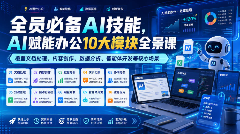 全员必备AI技能，AI赋能办公10大模块全景课，覆盖文档处理、内容创作、数据分析、智能体开发等核心场景-52项目站