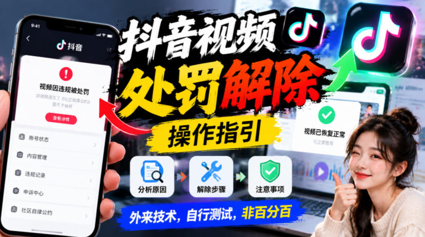 抖音视频处罚解除操作指引，外来技术，自行测试，非百分百-52项目站
