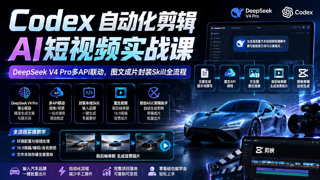 Codex自动化剪辑AI短视频实战课｜DeepSeek V4 Pro多API联动，图文成片封装Skill全流程-52项目站