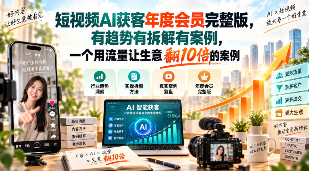 短视频AI获客年度会员完整版，有趋势有拆解有案例，一个用流量让生意翻10倍的案例-52项目站