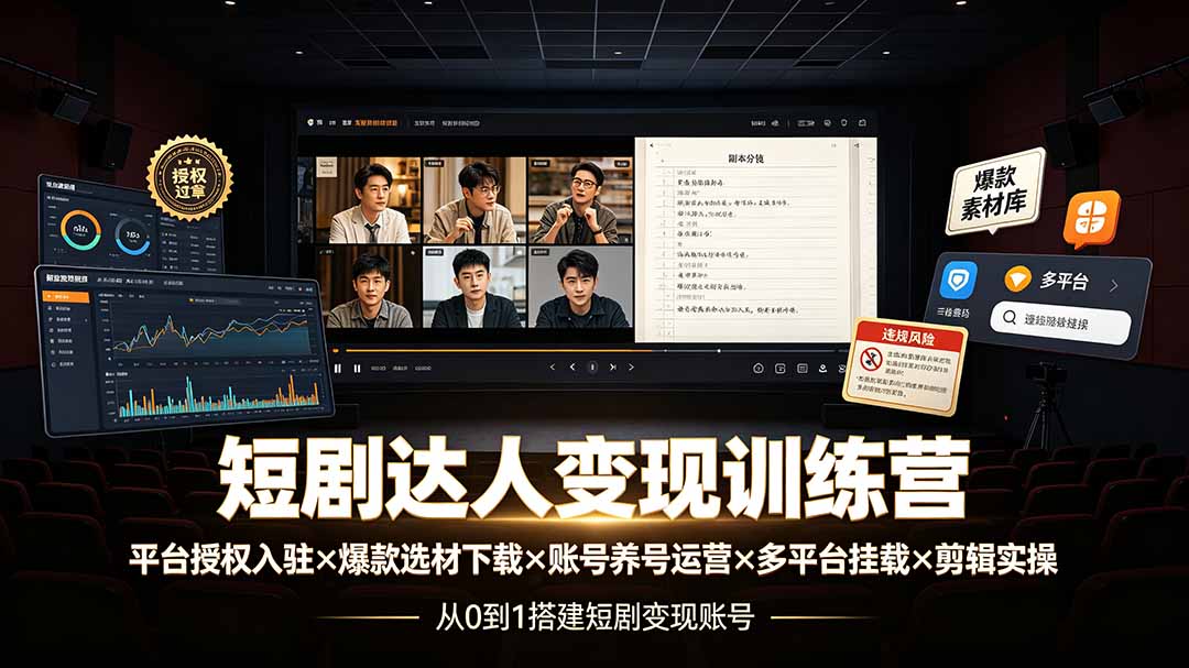 短剧达人变现训练营：平台授权入驻×爆款选材下载×账号养号运营×多平台挂载×剪辑实操×违规处理全流程-52项目站
