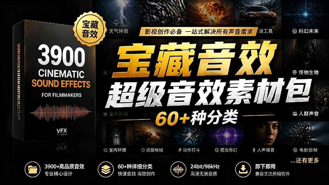 宝藏音效合集包！60+多种音效分类，共计3900个，分类清晰，全中文分类，高品质剪辑音效素材包-52项目站
