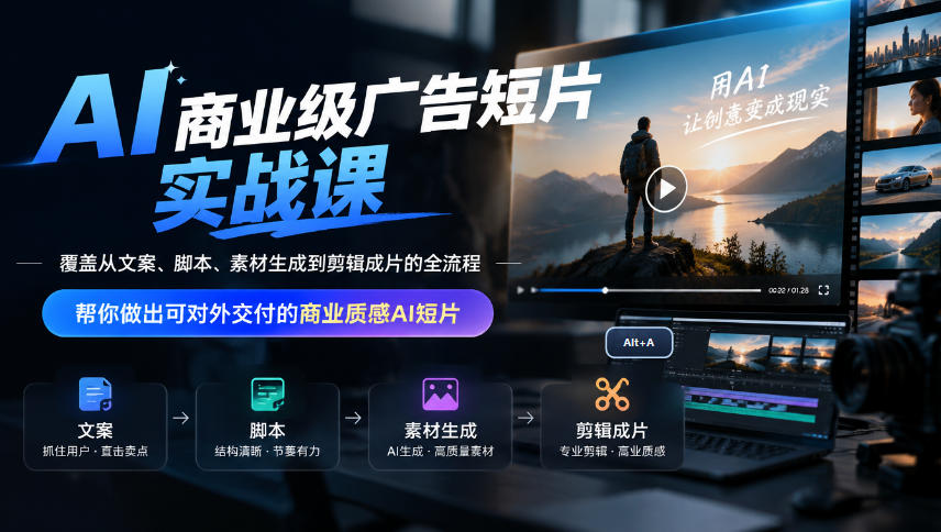 AI商业级广告短片实战课,覆盖从文案、脚本、素材生成到剪辑成片的全流程,帮你做出可对外交付的商业质感AI短片-52项目站