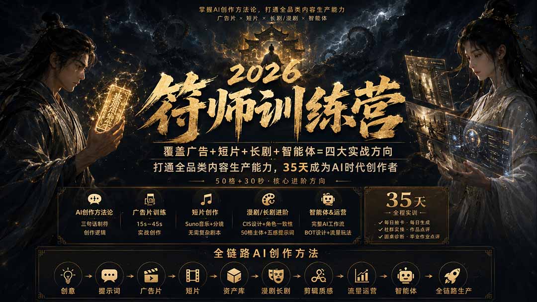 符师训练营-35天成为AI时代创作者，广告+短片+漫剧+智能体四大实战方向，掌握从创意到上线的完整工作流-52项目站
