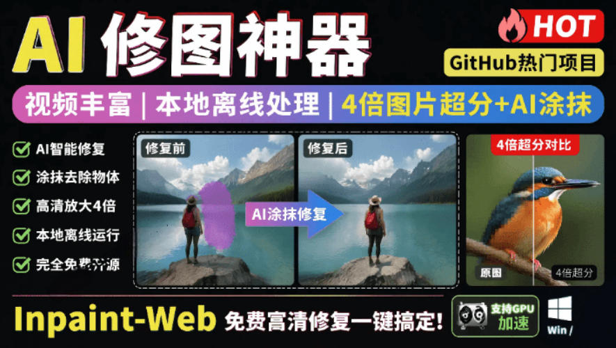 本地离线处理，4倍图片超分+AI涂抹去水印！Github上热门神器，免费高清修复图一键搞定！Inpaint-Web-52项目站