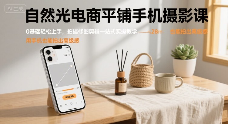 自然光电商平铺手机摄影课，0基础轻松上手，拍摄修图剪辑一站式实操教学，用手机也能拍出高级感-52项目站