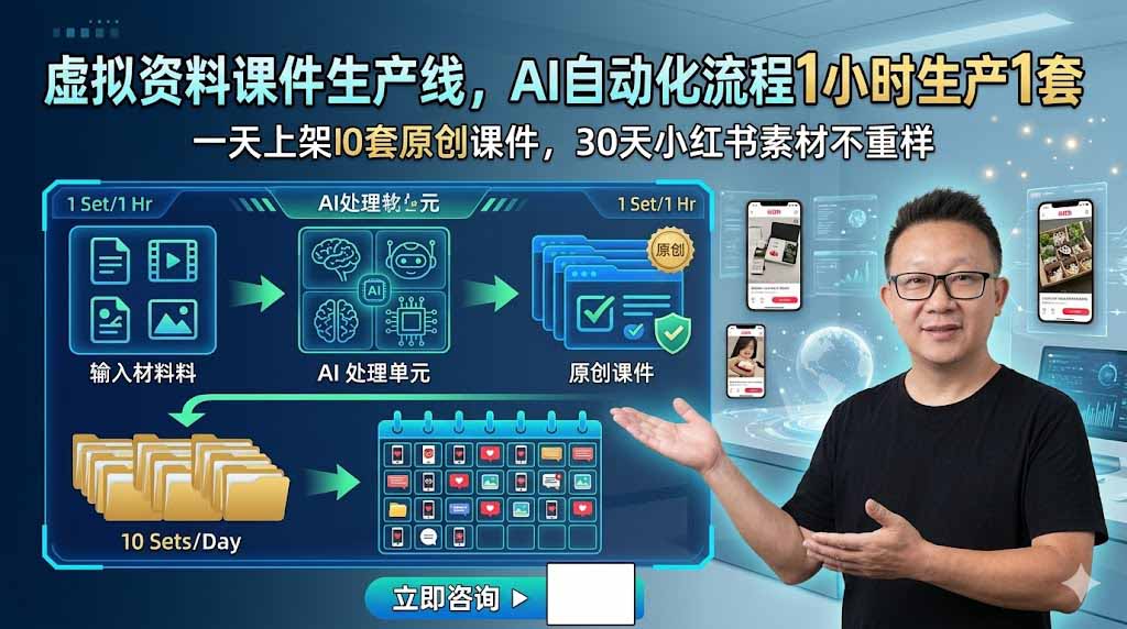虚拟资料课件生产线，AI自动化流程1小时生产1套，一天上架10套原创课件，30天小红书素材不重样-52项目站