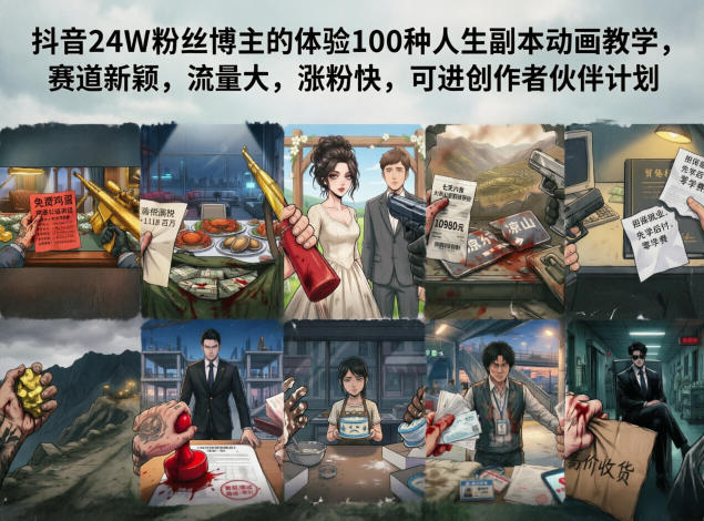 抖音24W粉丝博主的体验100种人生副本动画教学，赛道新颖，流量大，涨粉快，可进创作者伙伴计划-52项目站