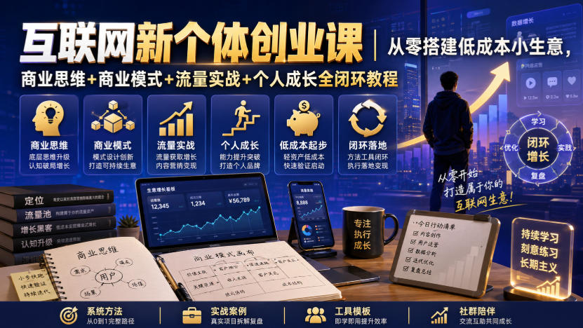 互联网新个体创业课｜从零搭建低成本小生意，商业思维+商业模式+流量实战+个人成长全闭环教程-52项目站