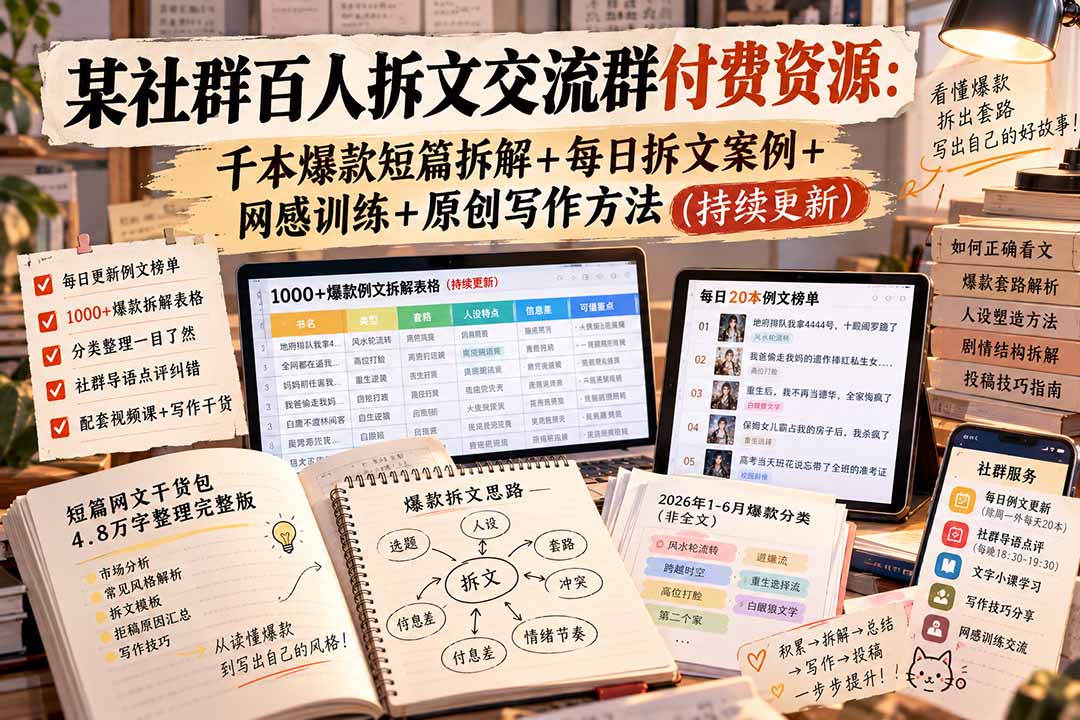 某社群百人拆文交流群付费资源-更新0929：千本爆款短篇拆解+每日拆文案例+网感训练+原创写作方法-52项目站