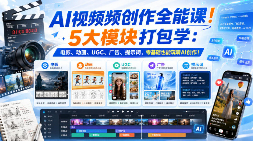 AI视频频创作全能课！5大模块打包学：电影、动画、UGC、广告、提示词，零基础也能玩转AI创作！【原创双语字幕】-52项目站