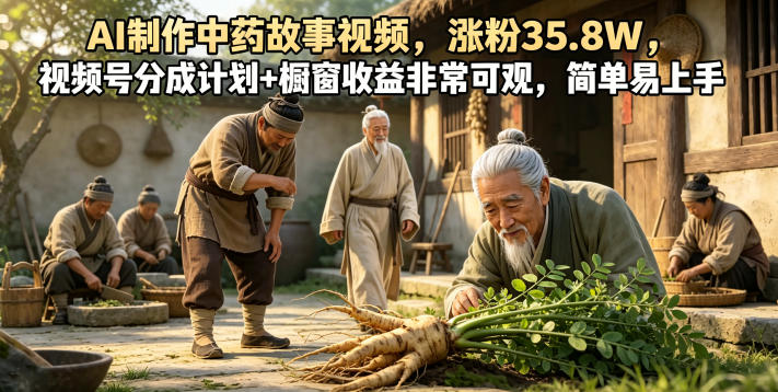AI制作中药故事视频,涨粉35.8W,视频号分成计划+橱窗收益非常可观,简单易上手-52项目站
