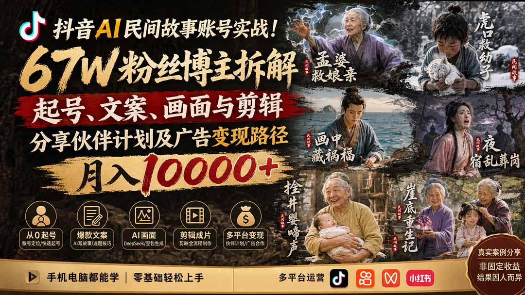 抖音AI民间故事账号实战！67W粉丝博主拆解起号、文案、画面与剪辑，分享伙伴计划及广告变现路径，月入10000+-52项目站