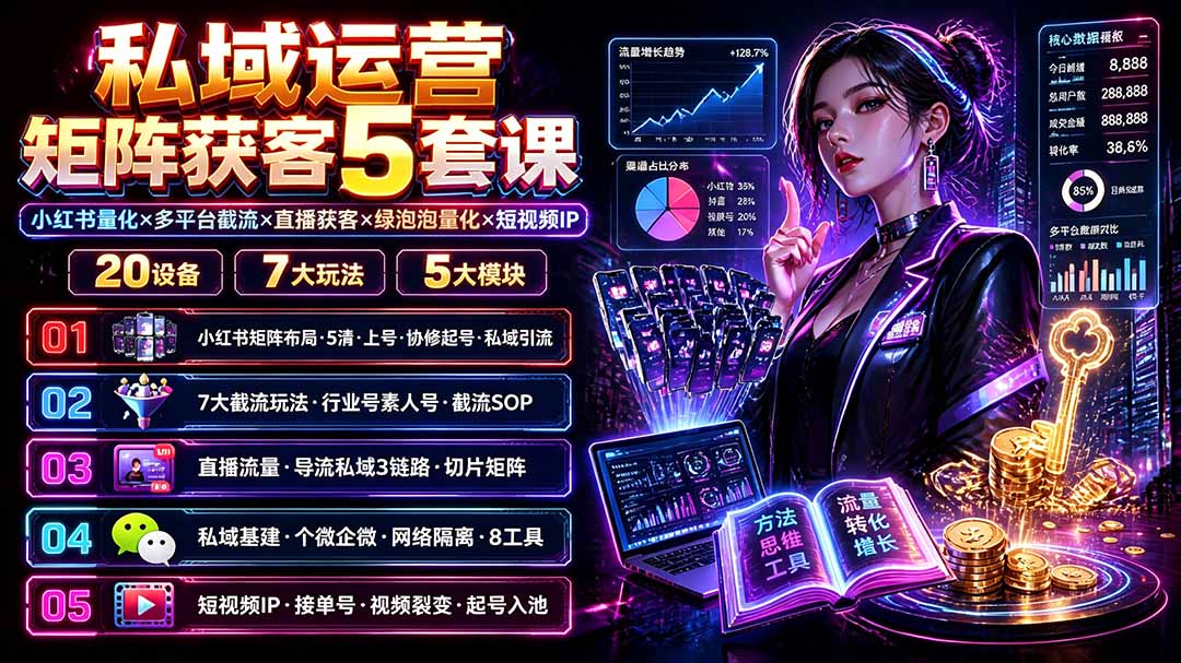 私域运营矩阵获客5套课:小红书量化×多平台截流×直播获客×绿泡泡量化×短视频IP×20设备×7大玩法-52项目站