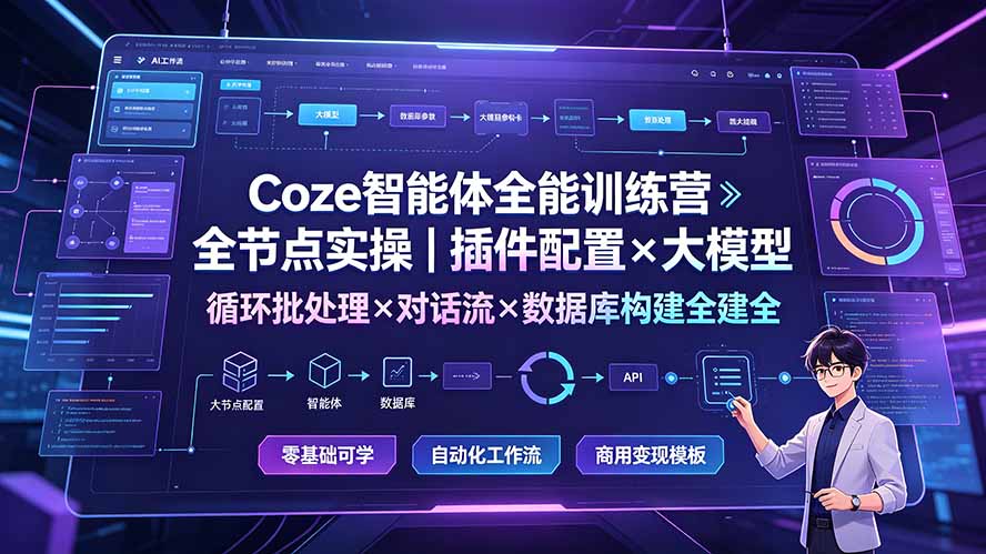 Coze智能体全能训练营：全节点实操｜插件配置×大模型×循环批处理×对话流×数据库构建全教学-52项目站