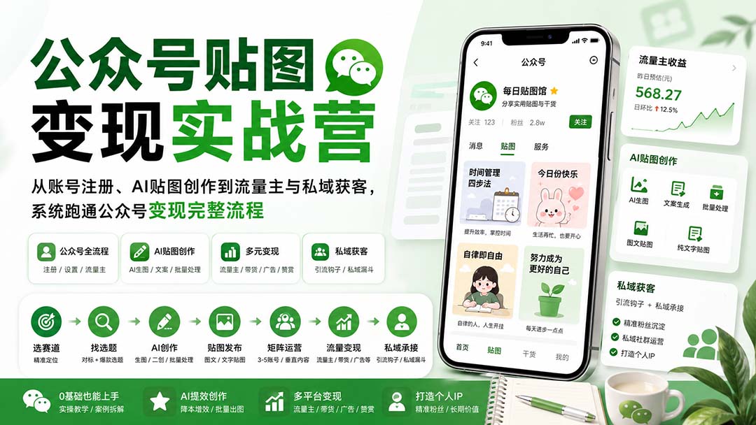 公众号贴图变现实战营：从账号注册、AI贴图创作到流量主与私域获客，系统跑通公众号变现完整流程-52项目站