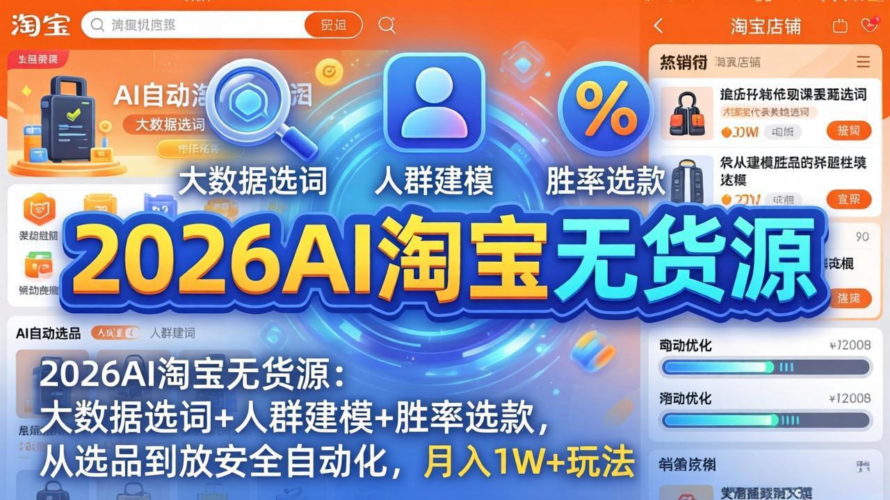 2026AI淘宝无货源：大数据选词+人群建模+胜率选款，从选品到放大全自动化，月入1W+玩法-52项目站