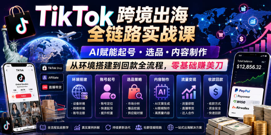 TikTok跨境出海全链路实战课,AI赋能起号・选品・内容制作,从环境搭建到回款全流程,零基础賺美刀-52项目站