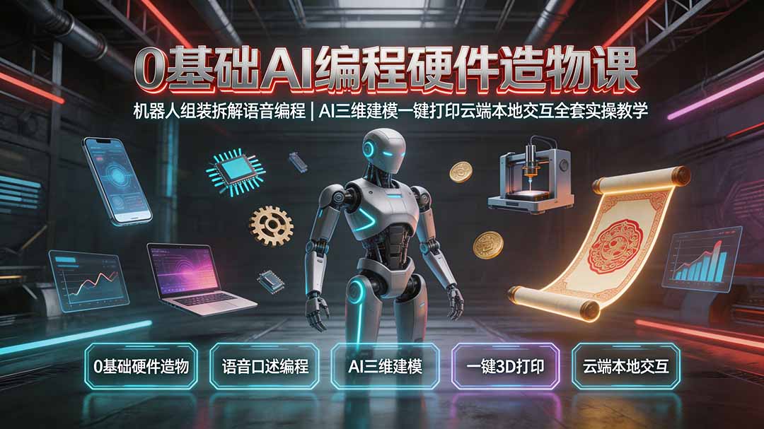 0基础AI编程硬件造物课|机器人组装拆解语音编程,AI三维建模一键打印云端本地交互全套实操教学-52项目站