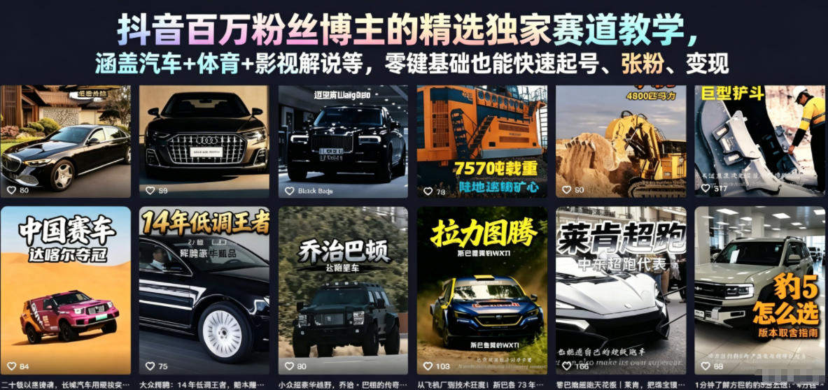 抖音百万粉丝博主的精选独家赛道教学,涵盖汽车+体育+影视解说等,零基础也能快速起号、涨粉、变现-52项目站
