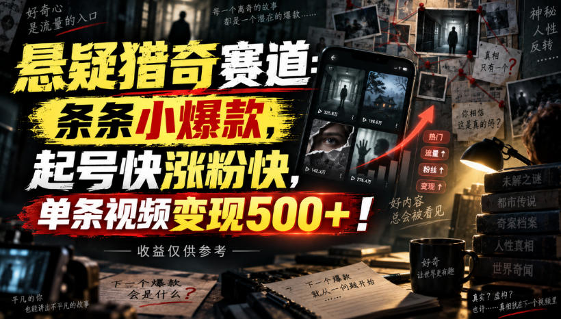 悬疑猎奇赛道：条条小爆款，起号快涨粉快，单条视频变现500+！收益仅供参考-52项目站