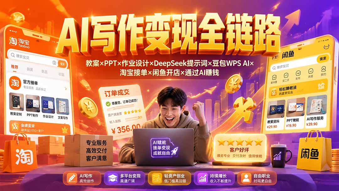 2026AI写作变现全链路：教案×PPT×作业设计×DeepSeek提示词×豆包WPS AI×淘宝接单×闲鱼开店×通过AI賺钱-52项目站