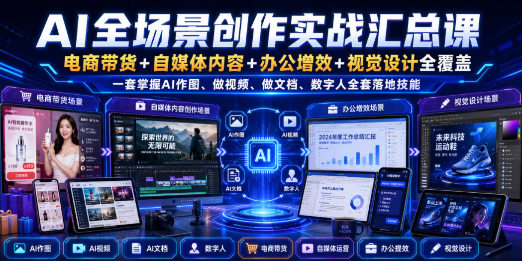 AI全场景创作实战汇总课|电商带货+自媒体内容+办公增效+视觉设计全覆盖,一套掌握AI作图、做视频、做文档、数字人全套落地技能-52项目站