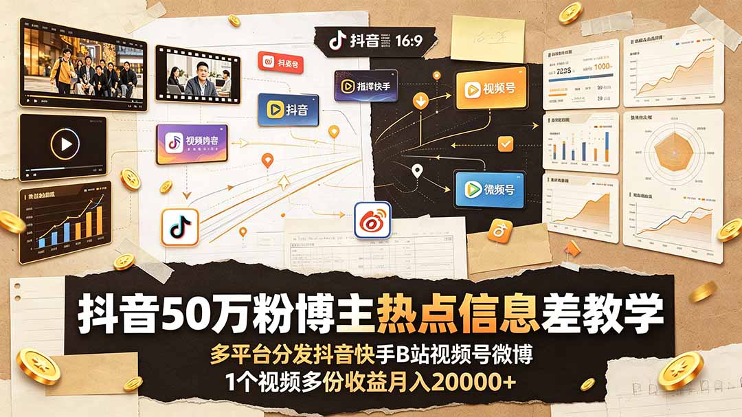 抖音50万粉博主热点信息差教学:多平台分发抖音快手B站视频号微博,1个视频多份收益月入20000+-52项目站