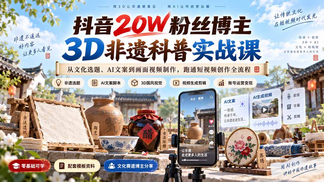 抖音20W粉丝博主3D非遗科普实战课：从文化选题、AI文案到画面视频制作，跑通短视频创作全流程-52项目站
