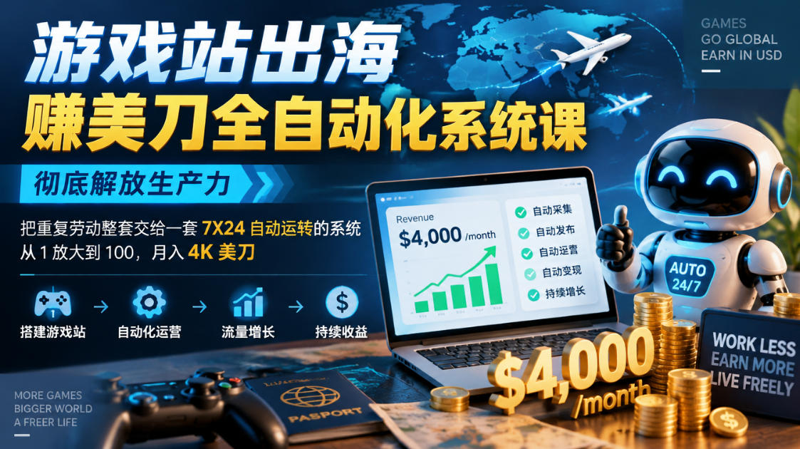 游戏站出海賺美刀全自动化系统课,彻底解放生产力--把重复劳动整套交给一套7X24自动运转的系统,从1放大到100,月入4K美刀-52项目站