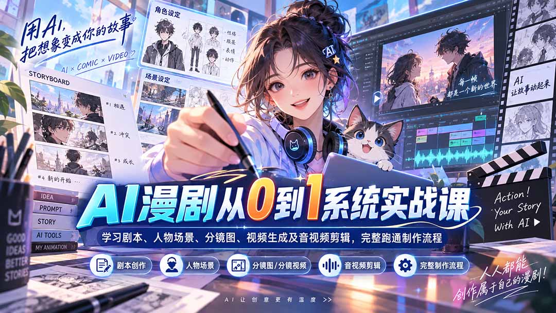 AI漫剧从0到1系统实战课:学习剧本、人物场景、分镜图、视频生成及音视频剪辑,完整跑通制作流程-52项目站