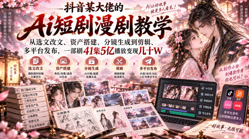 抖音某大佬的Ai短剧漫剧教学，从选文改文、资产搭建、分镜生成到剪辑、多平台发布，一部剧41集5亿播放变现几十W-52项目站