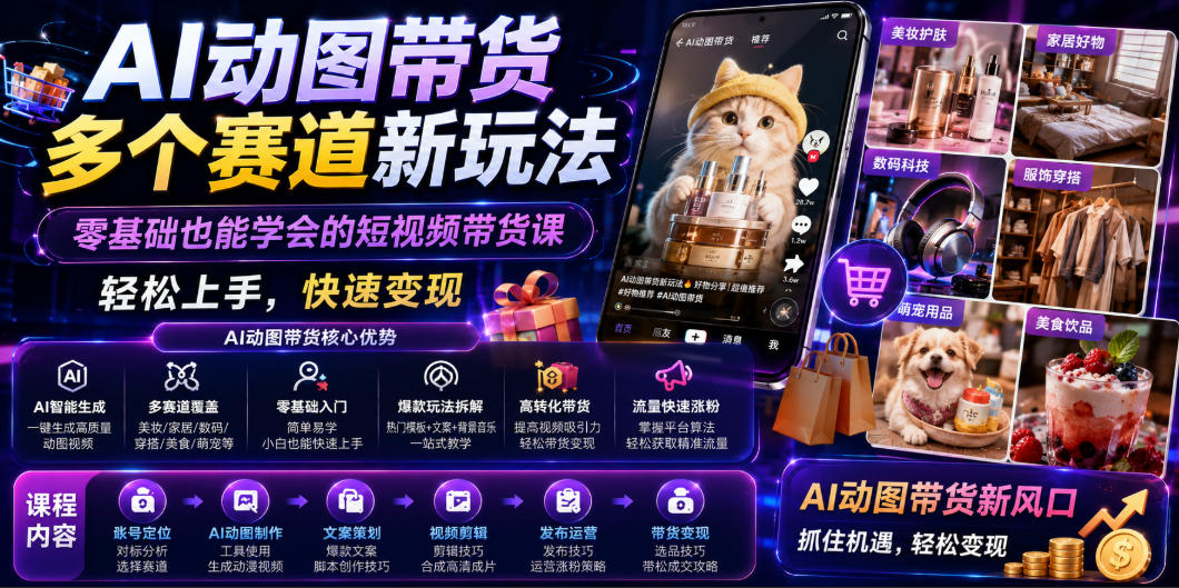 AI动图带货多个赛道新玩法，零基础也能学会的短视频带货课，轻松上手，快速变现-52项目站