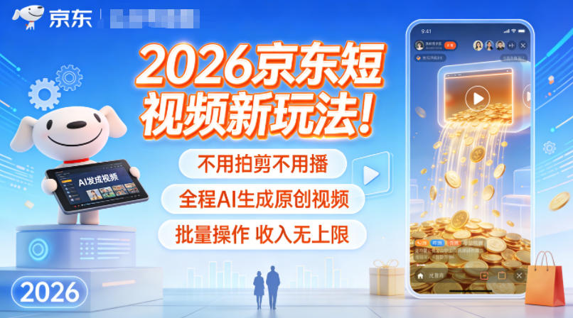 2026京东短视频新玩法！不用拍剪不用播，全程AI生成原创视频，批量操作收入无上限-52项目站