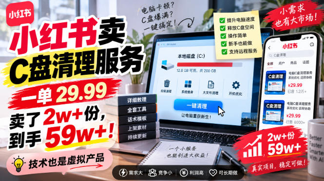 小红书卖C盘清理服务，一单29.99，卖了2w+份，技术也是虚拟产品-52项目站