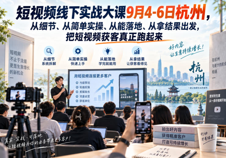 短视频线下实战大课9月4-6日杭州，从细节、从简单实操、从能落地、从拿结果出发，把短视频获客真正跑起来-52项目站