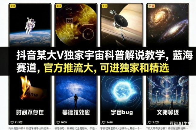 抖音某大V独家宇宙科普解说教学,蓝海赛道,官方推流大,可进独家和精选-52项目站