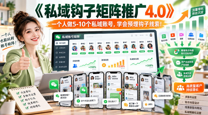 【无水印】《私域钩子矩阵推广4.0》一个人做5-10个私域账号，学会预埋钩子线索！-52项目站