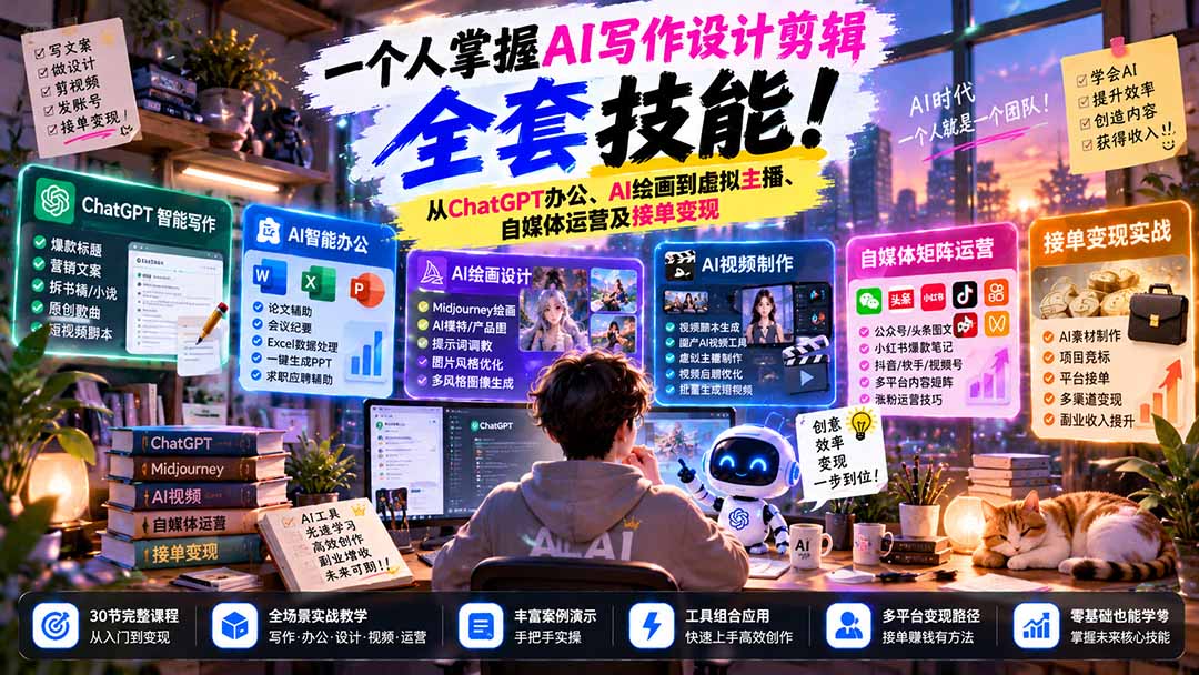 一个人掌握AI写作设计剪辑全套技能:从ChatGPT办公、AI绘画到虚拟主播、自媒体运营及接单变现-52项目站