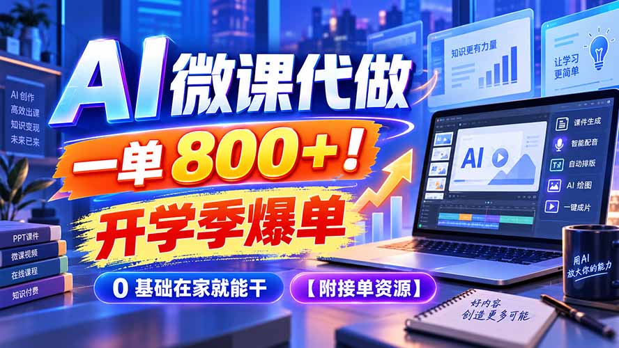 AI 微课代做，一单 800+！开学季爆单，0 基础在家就能干【附接单资源】-52项目站