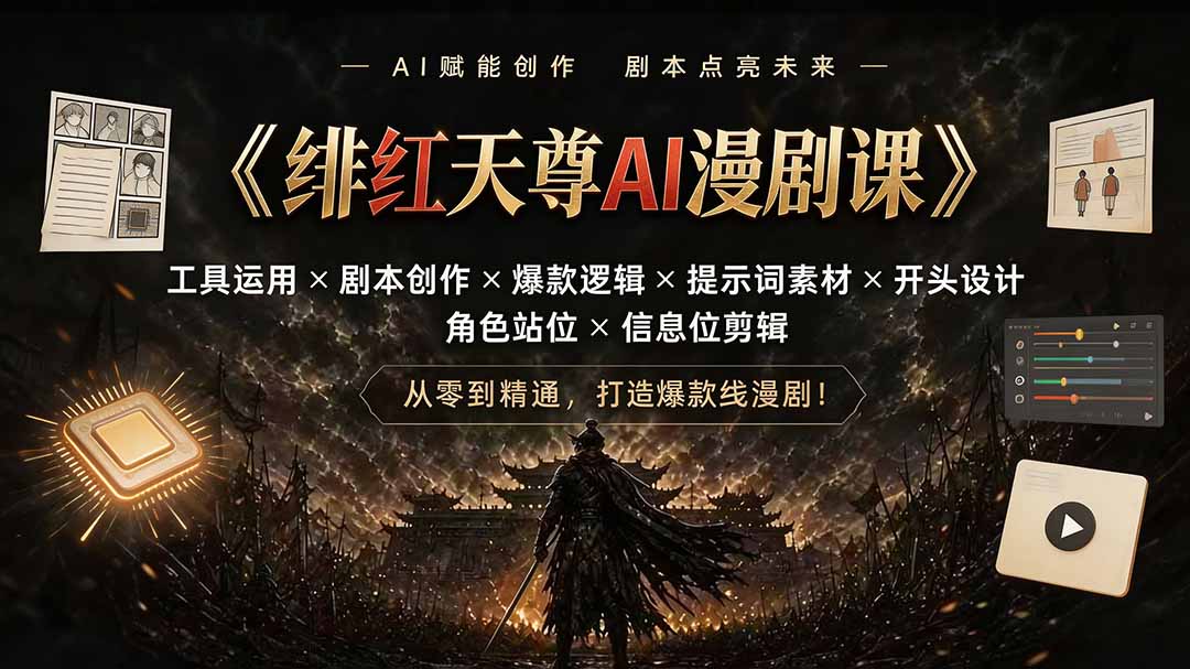 绯红天尊AI漫剧课｜工具运用×剧本创作×爆款逻辑×提示词素材×开头设计×角色站位×信息位剪辑-52项目站